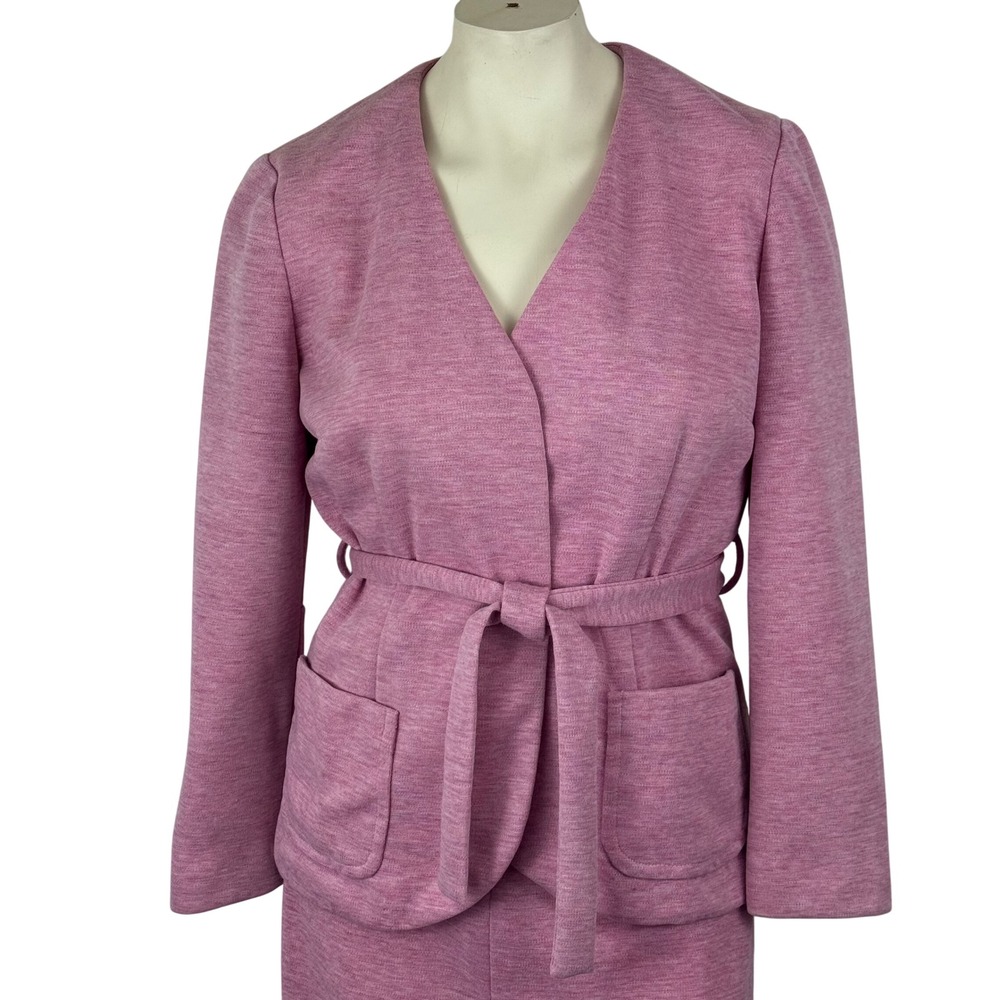 Vintage 70s Pink Textured Knit Skirt Suit Belted Blazer &‎ Midi Skirt Set Mod - Picture 2 of 12